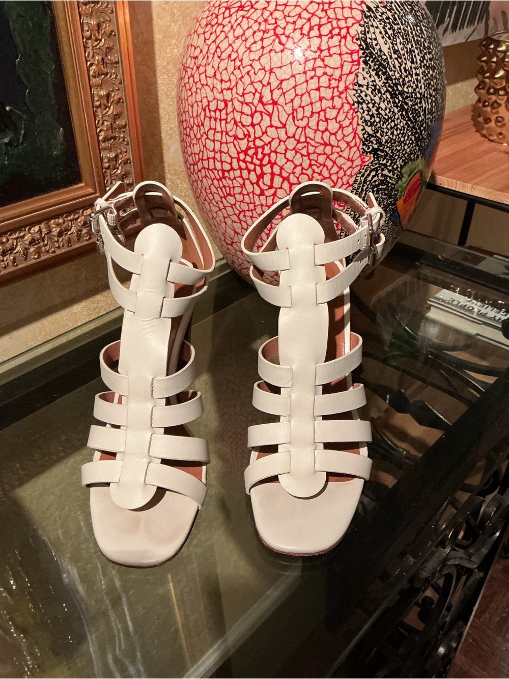 Steven Alan White Multi-Strap High Heel Sandals with Ankle Buckle